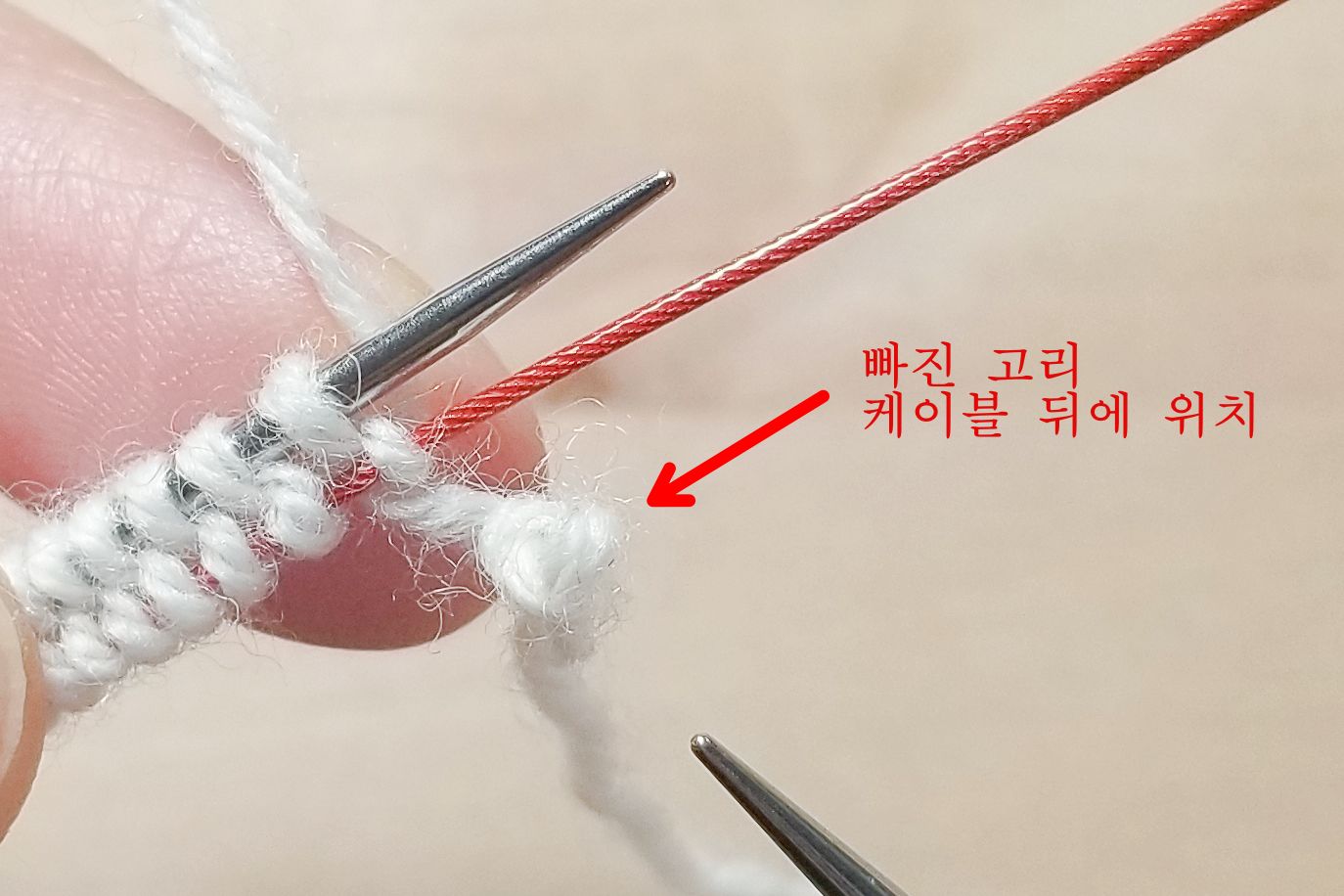 고리를 빼면 케이블 뒤로 고리와 꼬리실이 위치함